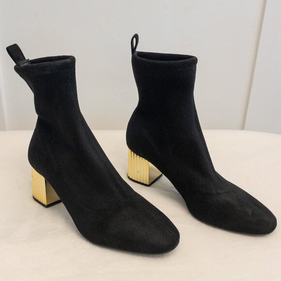 Michael Kors Black Suede Stretch Sock Ankle Booties w/ Gold Block Heel – Size 7 - Picture 3 of 7